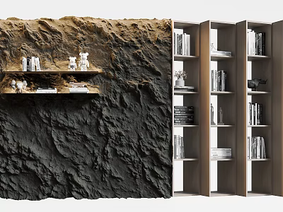 Textured Background Wall With Shelf Books Decorative Items And Wooden Bookshelves 3d model