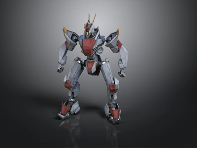 Mechanical Robot Character With Gray Red Armor And Yellow Horns Standing Pose 3d model