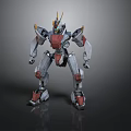Mechanical Robot Character With Gray Red Armor And Yellow Horns Standing Pose