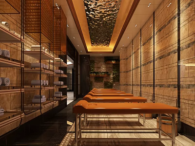 Luxurious SPA Sauna Interior with Brown Massage Beds Stone Walls and Wooden Shelves 3d model