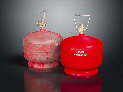 Two Fire Extinguishers Red And Worn Red Models On Black Reflective Surface 3d model