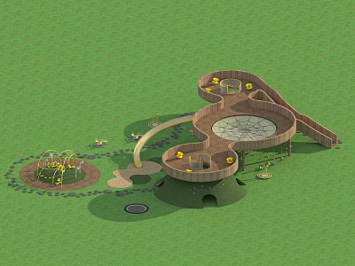 Park Landscape With Children's Playground Wooden Circular Structure Slide And Climbing Net On Green Lawn 3d model