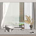 Window Blinds in Cozy Home Interior with White Chair Teddy Bear Plant Rug and Curtains