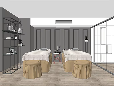 Luxurious SPA Interior Design With Two Massage Beds Beige Stools Gray Walls And Wooden Flooring 3d model
