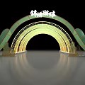 Event Gateway Green And Gold Wavy Arch Design With Glass Structure Under Blue Sky