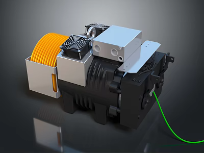 Industrial Mechanical Equipment With Yellow Coiled Cable Silver Components Black Body And Green Wire 3d model
