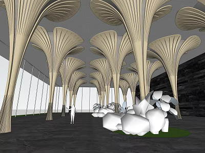 Architectural Components Featuring Fan Shaped Wooden Columns And White Sculptural Elements 3d model