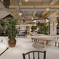 Modern Café Interior With Chandelier White Curtains Large Windows Sofa And Rug