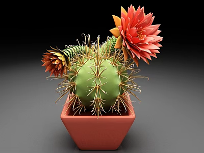 Thorned Green Cactus Plant With Orange Flowers In Red Ceramic Pot 3d model