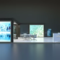 Modern Exhibition Booth Design With White Reception Counter Seating And Display Screens