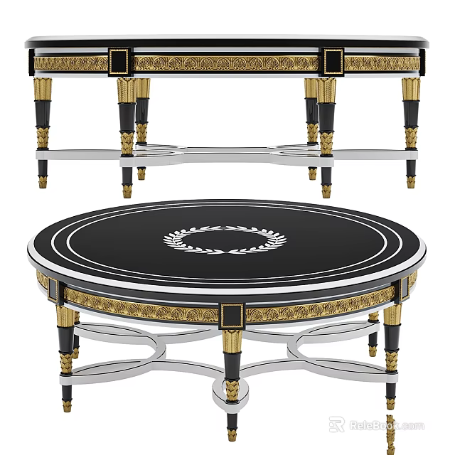 Luxurious Round Table Design Featuring Black Tabletop White Wreath Pattern And Gold Black Legs 3d model 