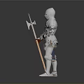 Knight In Shiny Silver Armor Standing With Wooden Spear Against Dark Background