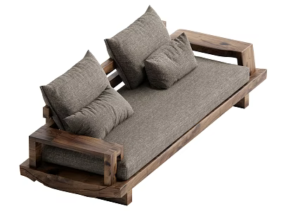 Natural Style Two Seater Sofa With Wooden Frame And Gray Cushions 3d model