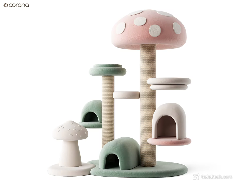 Cute Mushroom Shaped Cat Tree Featuring Pink Green Beige Perches and Hiding Spots 3d model 