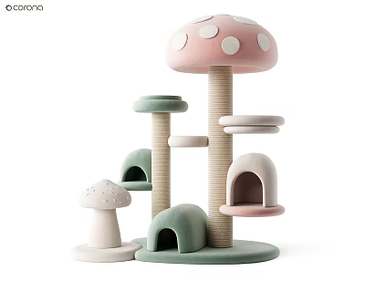 Cute Mushroom Shaped Cat Tree Featuring Pink Green Beige Perches and Hiding Spots 3d model