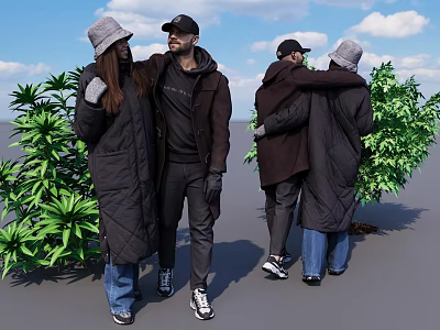 Two People Interacting And Hugging In Coats With Hats Near Green Plants And Blue Sky 3d model