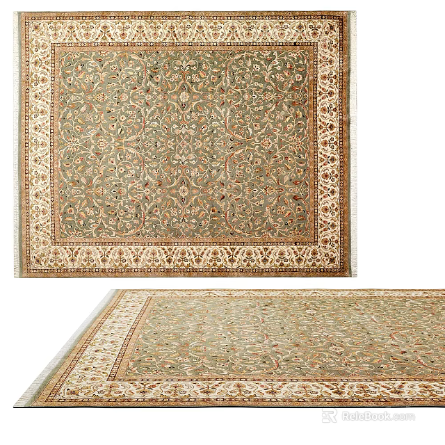 Square Rug With Intricate Patterns Soft Beige Green Tones And Elegant Border Design 3d model
