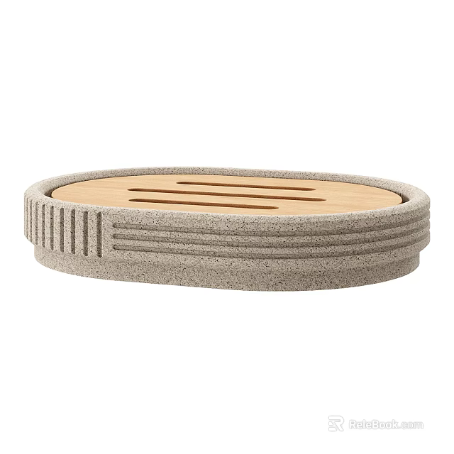 Modern Circular Stone Tray With Wooden Center And Striped Grooved Design 3d model 