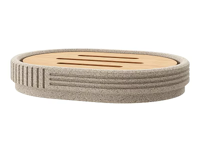 Modern Circular Stone Tray With Wooden Center And Striped Grooved Design 3d model