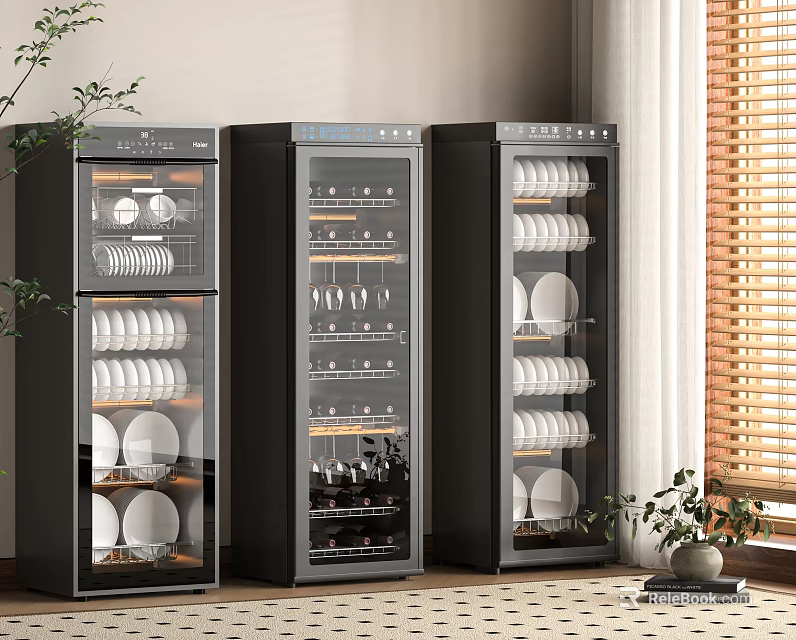 Modern Kitchen Appliances With Black Glass Door Cabinets Storing Dishes And Cups 3d model 