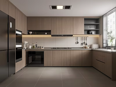 Modern Kitchen Interior With Wooden Cabinets Black Appliances Countertop And Window Lighting 3d model