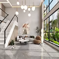 Duplex Living Room Interior Design With Marble Coffee Table Brown Chair Fireplace And Pendant Lights