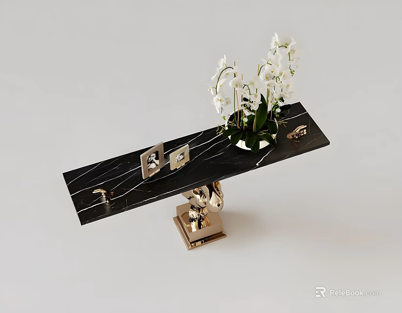 Elegant Black Marble Console Table With Gold Base White Flowers And Photo Frames 3d model