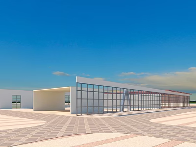 Modern Commercial Complex With Glass Facade And Open Plaza White Architecture Under Blue Sky 3d model