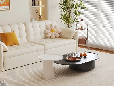 Modern White Sofa with Pillows and White Black Round Coffee Tables in Living Room Interior 3d model