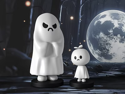Large Angry And Small Cute White Ghost Dolls In Night Full Moon Cave Background 3d model