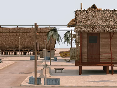 Traditional Thatched House With Wooden Structure And Palm Trees In Outdoor Area 3d model