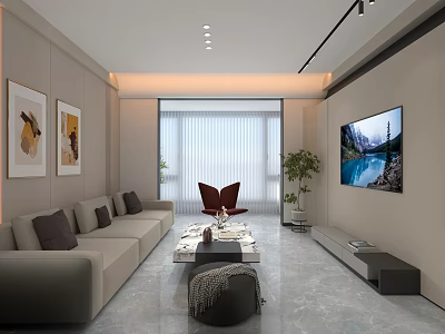Modern Minimalist Living Dining Room With Comfortable Sofas Warm Ambient Lighting And Exquisite Home Decoration 3d model