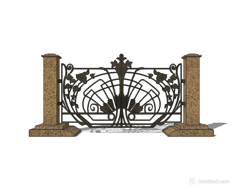 Ornate Iron Gate with Art Deco Decorative Patterns and Flanking Stone Pillars 3d model 
