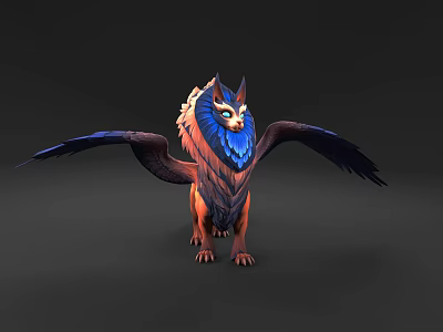 Mythical Winged Wolf Creature With Blue Feathers And Orange Scales 3d model
