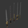 Intricate Decorative Swords With Unique Designs And Metallic Finish On Dark Background