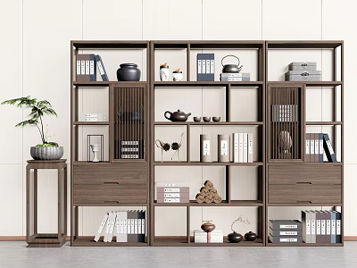 Modern Wooden Bookcase With Multi Compartment Books Tea Sets And Decorative Items 3d model