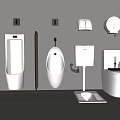 White Toilet And Bathroom Fixtures On Gray Wall With Urinal Tank Holder And Dispenser