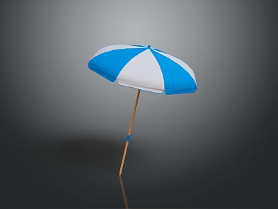 Scenic Summer Beach View With Blue And White Umbrella Wooden Handle Blue Decoration 3d model