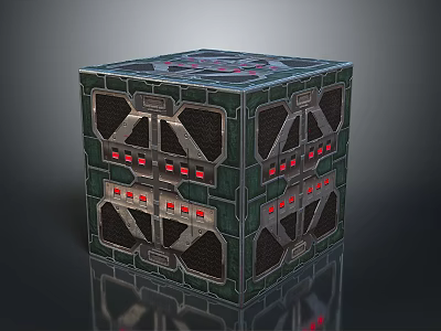 Stylish Green Black Cube Storage Container With Red Accent Lights And Geometric Frame 3d model