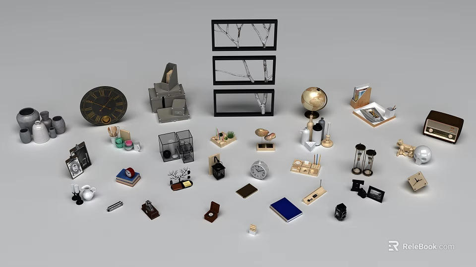 Art Installation Collection Featuring Various Decorative Items Including Clock Globe And Sculptures 3d model 