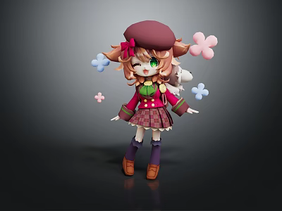 Cute 3D Cartoon Game Character With Brown Beret Green Eyes Red Coat And Flower Decorations 3d model