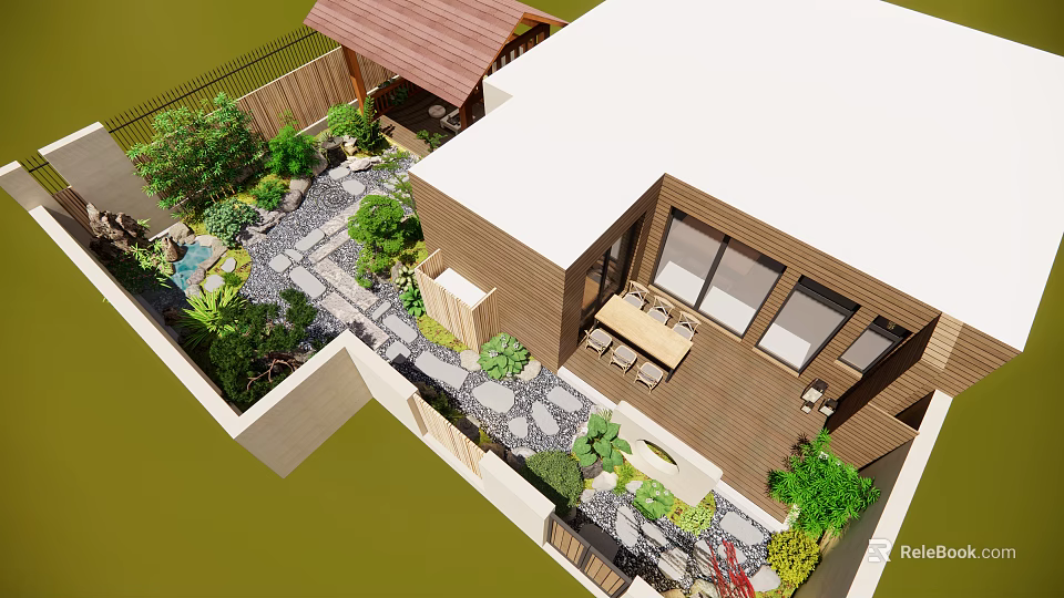 Courtyard Garden Design With Wooden Pavilion Stone Path Green Plants And Outdoor Dining Set 3d model 