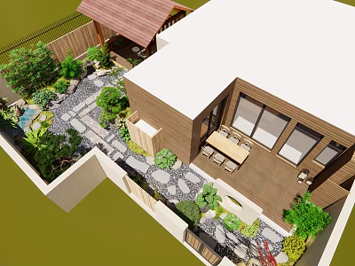 Courtyard Garden Design With Wooden Pavilion Stone Path Green Plants And Outdoor Dining Set 3d model