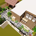 Courtyard Garden Design With Wooden Pavilion Stone Path Green Plants And Outdoor Dining Set