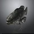 Realistic Gray Fish Sculpture With Detailed Texture On Dark Reflective Surface