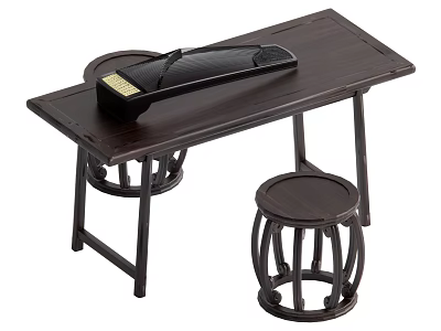 Traditional Dark Brown Wooden Table With Circular Stool Set Classic Design 3d model