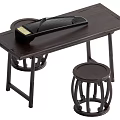 Traditional Dark Brown Wooden Table With Circular Stool Set Classic Design 3d model