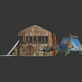 Wooden Hut Featuring Thatched Roof Surfboards Wooden Barrels Ship Wheel and Blue Car