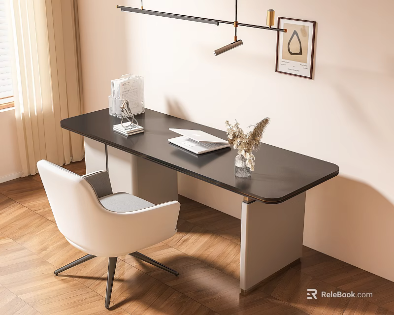 Modern Desk with Black Tabletop Grey Legs White Chair Notebook Desk Lamp and Framed Art 3d model 
