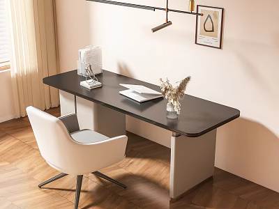 Modern Desk with Black Tabletop Grey Legs White Chair Notebook Desk Lamp and Framed Art 3d model